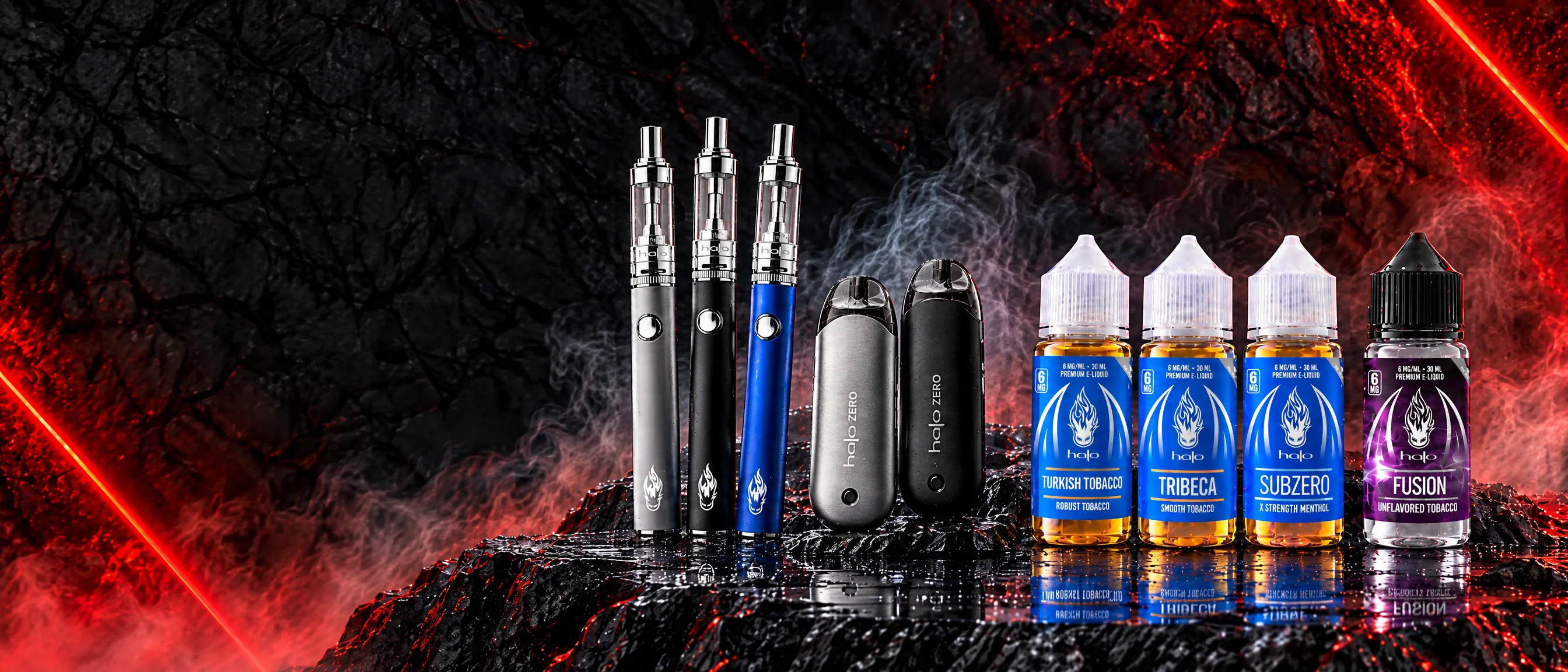 Halo Triton II and Zero devices beside Turkish Tobacco, Tribeca, Subzero and Fusion e-liquids against a black and red cinematic backdrop